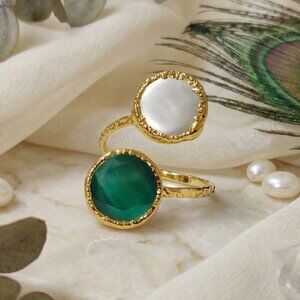 Turkish Artisan 18K Gold Plated Emerald Green Glass Pearl Adjustable Ring Boho